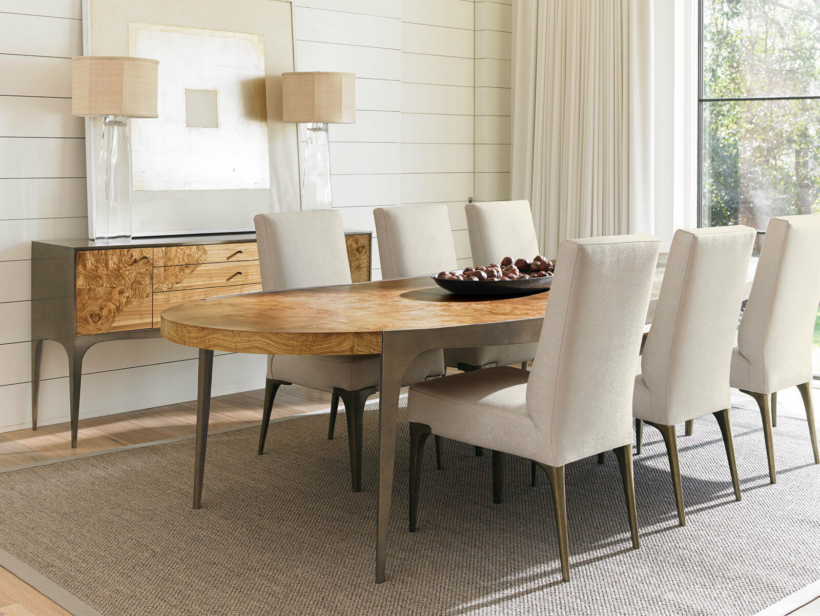 MELWOOD Modern Dining Room Set - 7pcs Brown Oval Metal Legs Table Beige Chairs - Dining Sets