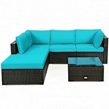 6 Pieces Outdoor Patio Rattan Furniture Set Sofa Ottoman-Turquoise - Col... - £712.91 GBP