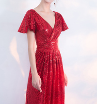 Women Sequin Maxi Dresses Cap Sleeve High Waist Maxi Sequin Dress Gold Red Black image 3