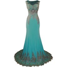 Lemai Spandex Jersey Mermaid Long Sheer Gold Crystals Lace Formal Prom Evenin... - $127.99