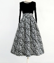 Women Black Zebra Pattern Pleated Midi Skirt Winter Wool Pleat Midi Party Skirt image 6