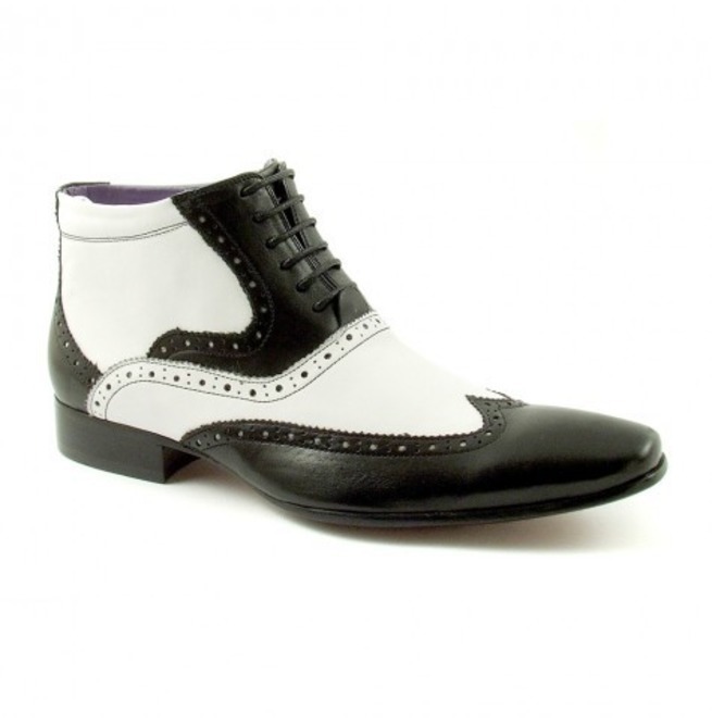 NEW Handmade Black White Ankle High Lace up boot, Mens Leather Wing Tip Fashion