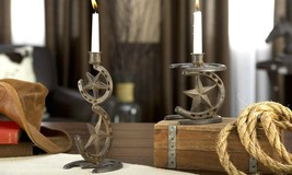 Western Star Horseshoe Candle Holders Tapered Set 2 Rustic Metal Black Country image 2