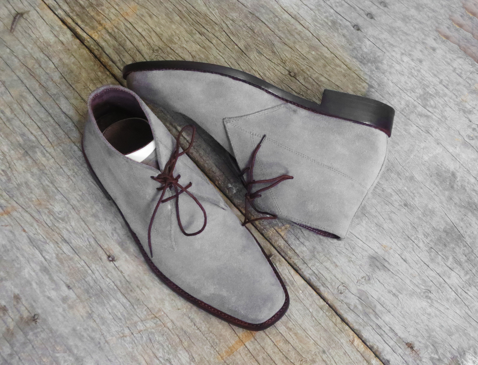 Black Lace Up Gray Color Chukka Premium Suede Leather Party Wear Plain Toe Boots