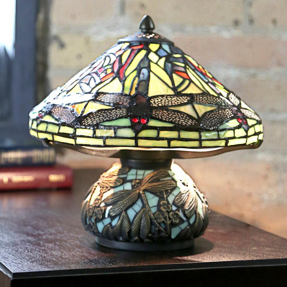 10 In. Green Table Lamp With Stained Glass Shade And ...