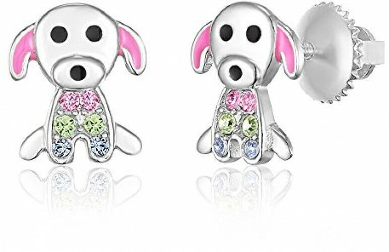 Kids Earrings - 925 Sterling Silver With A White Gold Tone Pink Enamel And Dog