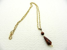 VTG Genuine Red Jasper Stone Tear Drop Pendant & Gold Tone Chain Link Necklace - $29.70