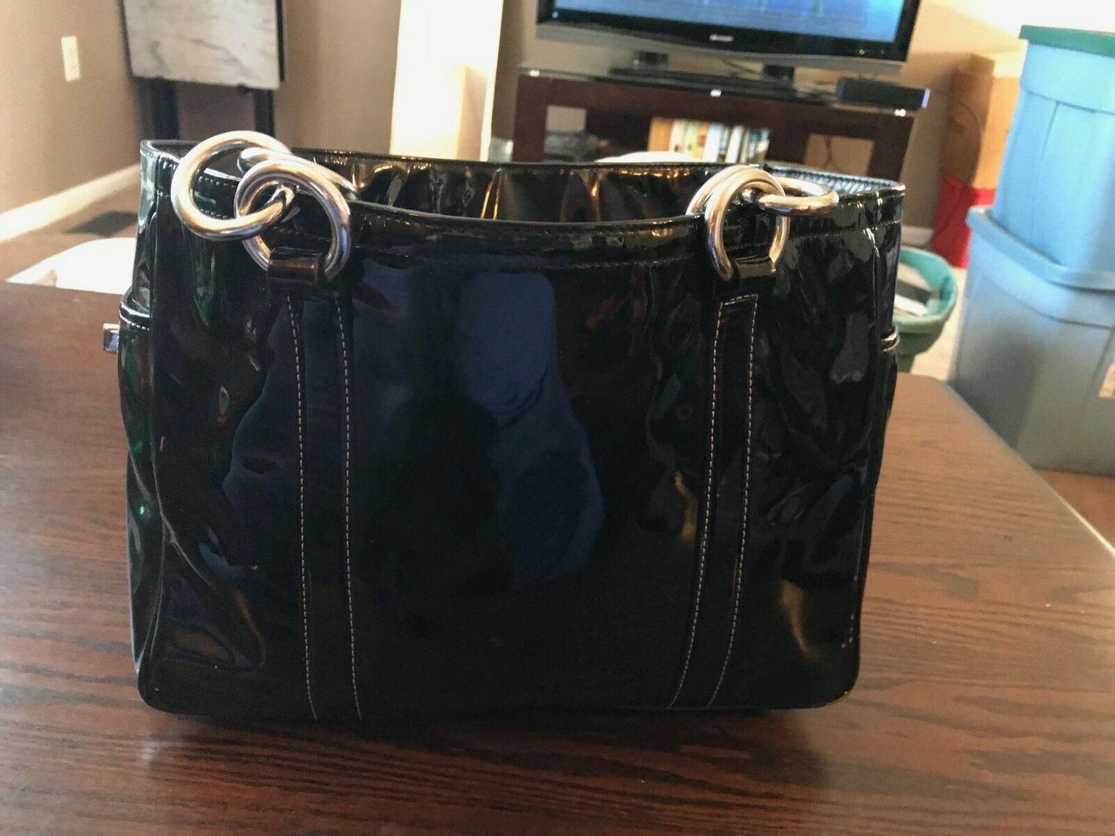 Used COACH Black Patent Leather Shoulder Bag Silver Hardware Women
