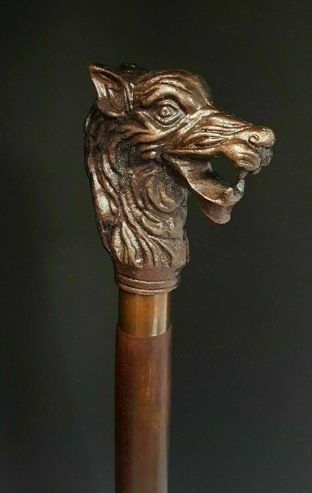 VINTAGE WOLF HEAD Solid Brass Wolf Head Handle For Walking Stick Canes Shaft 