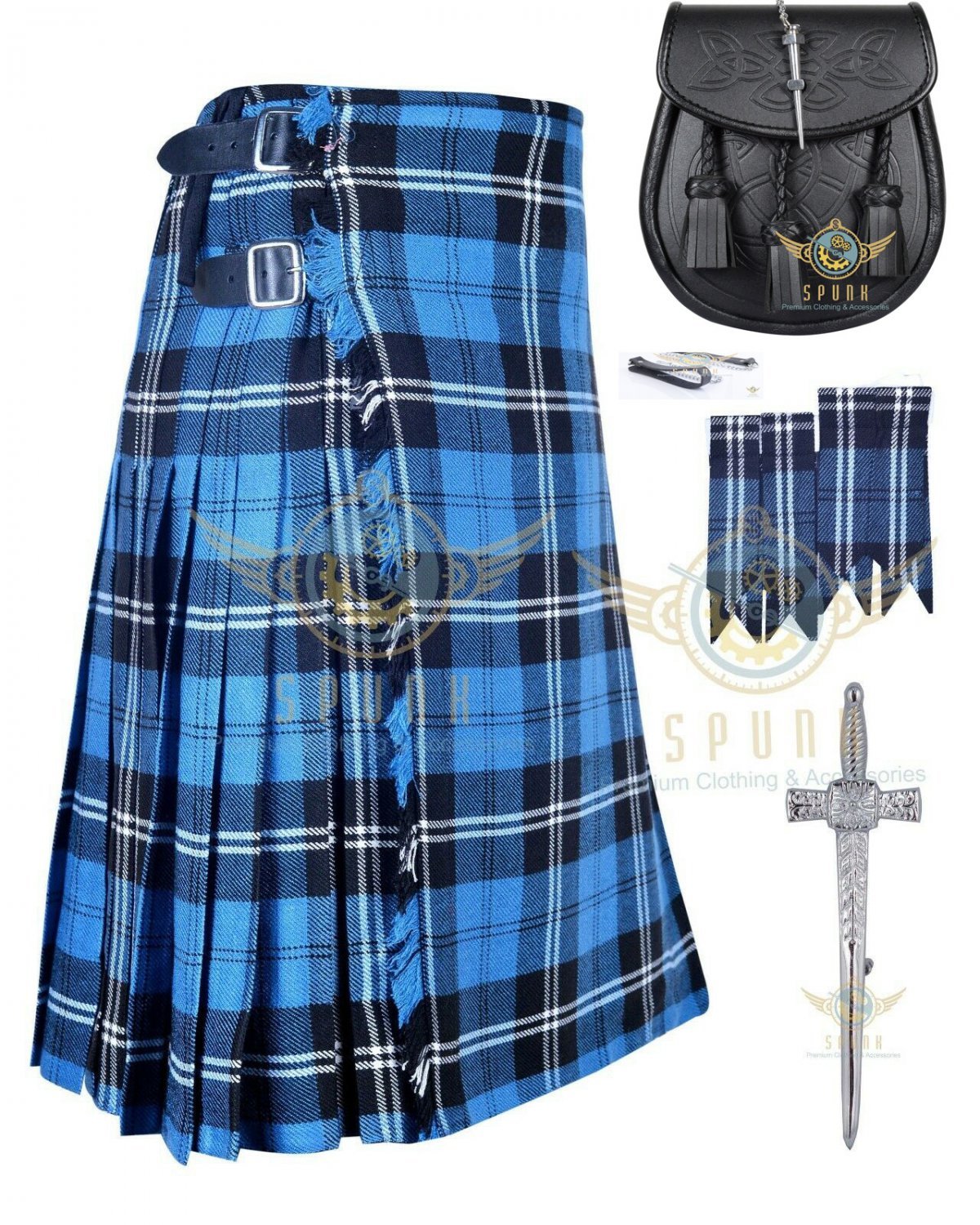 Men's Scottish Ramsey Blue Hunting 8 yard kilt - Flashes - kilt pin ...