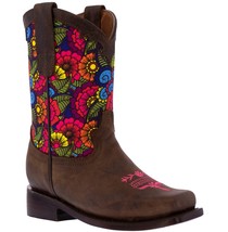 Kids Dark Brown Western Boots Leather Paisley Flowers Cowgirl Square Toe Botas - $40.49