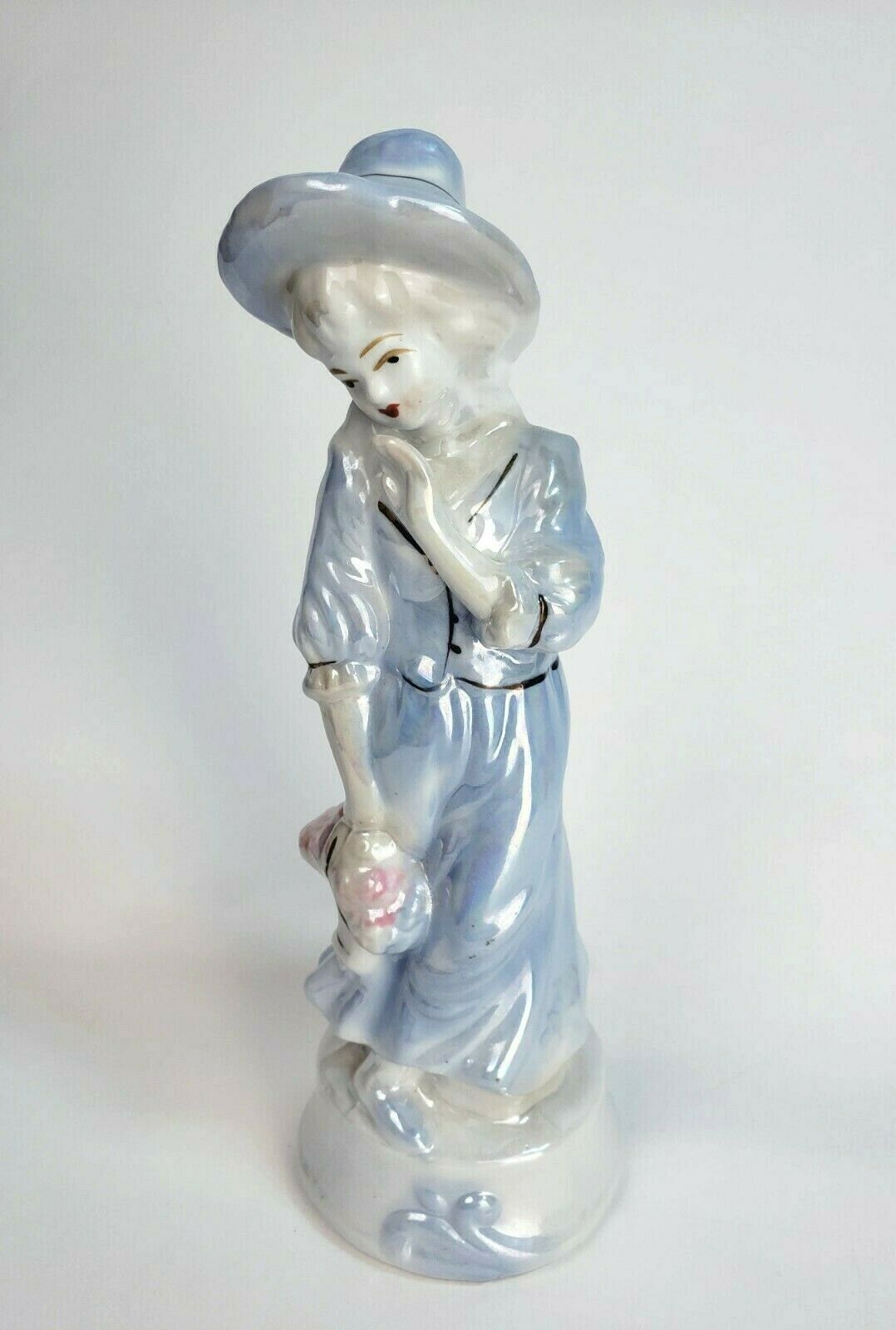 Vintage Blue Lady With Basket Pearlescent Lusterware Ceramic Porcelain Figurine - $18.22