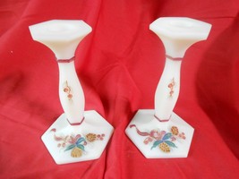 Beautiful FENTON Pair Custard Handpainted and Signed CANDLE HOLDERS - $74.83