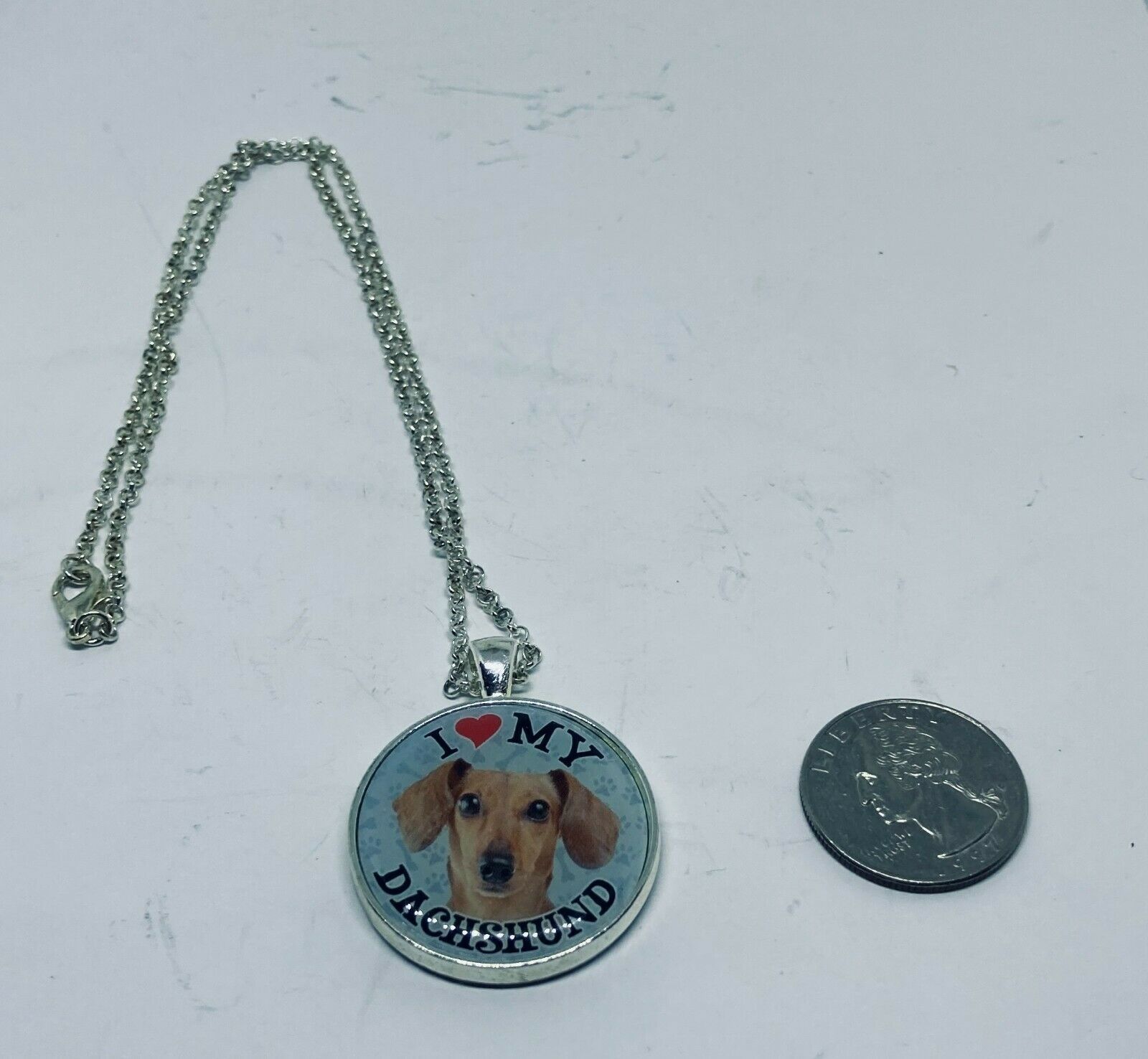 I Love My Dachshund 18 Shiny Silver Loop Necklace With Antique Bezel