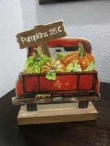 Fall Thanksgiving Vintage Red Truck PUMPKINS 25¢ Tabletop Sign Plaque Decor - £20.06 GBP