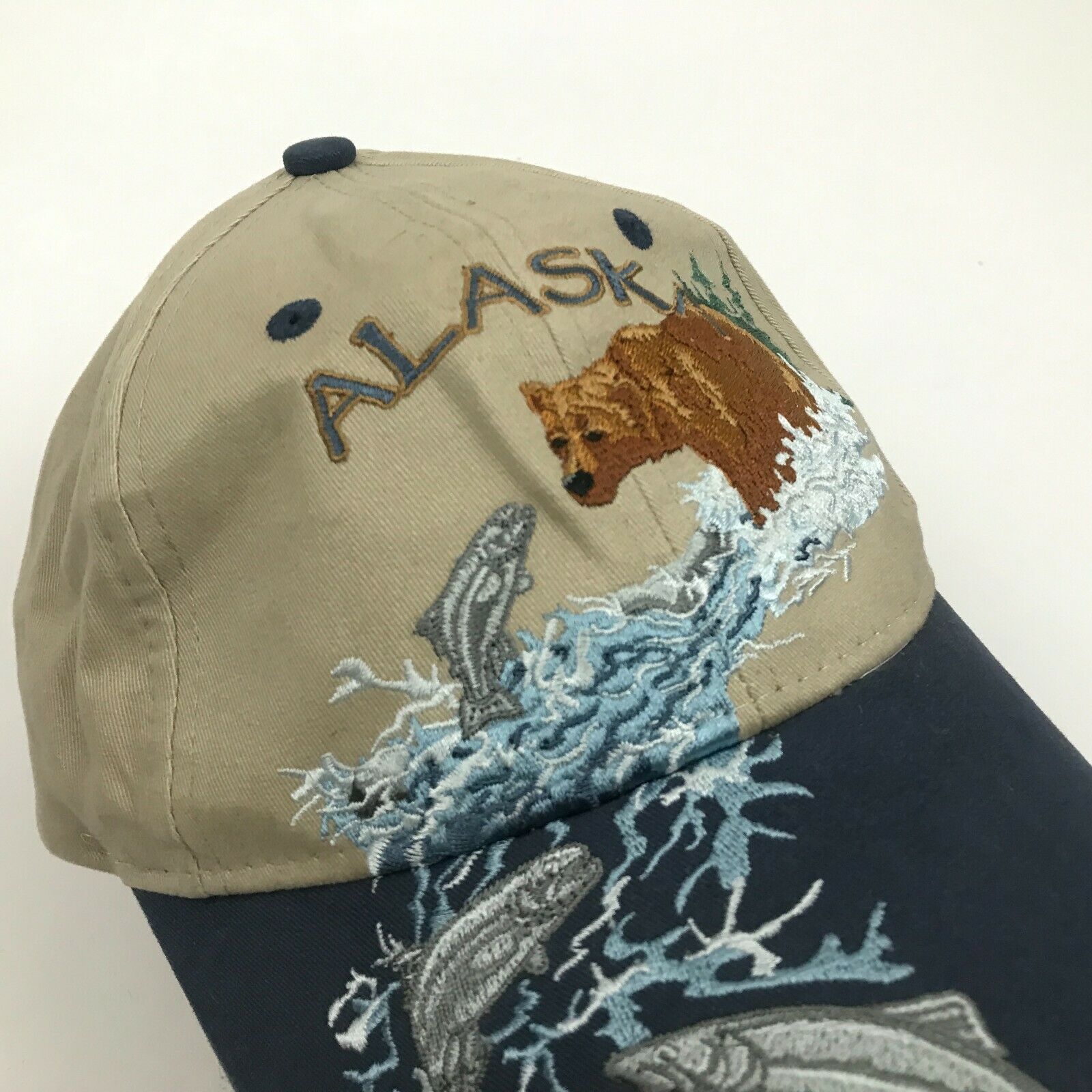 Alaska Salmon Run Fishing Hat Baseball Cap Leather Strapback Camel