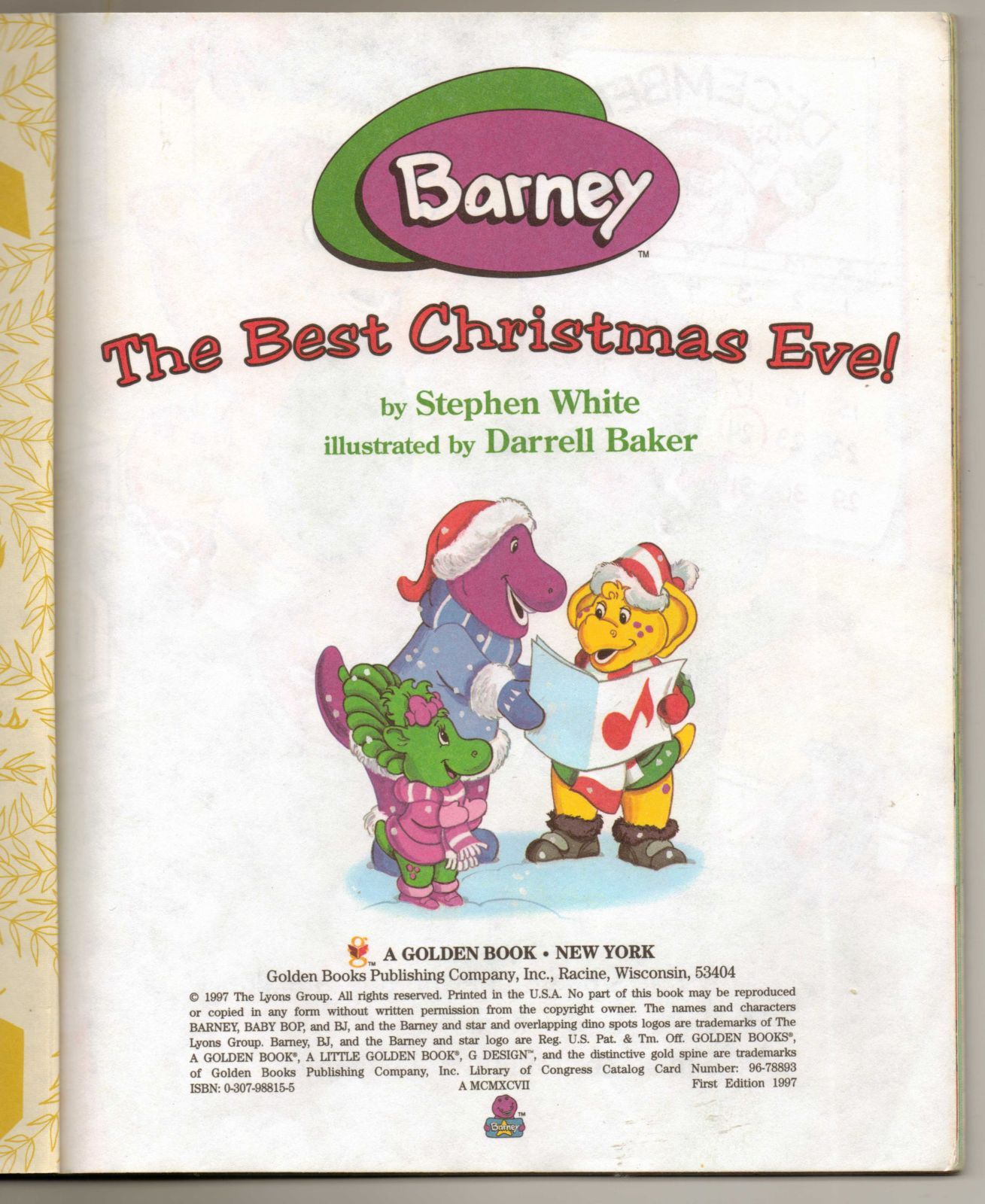 1997 Barney Best Christmas Ever Stated 1st Ed HC Little Golden Book - Books