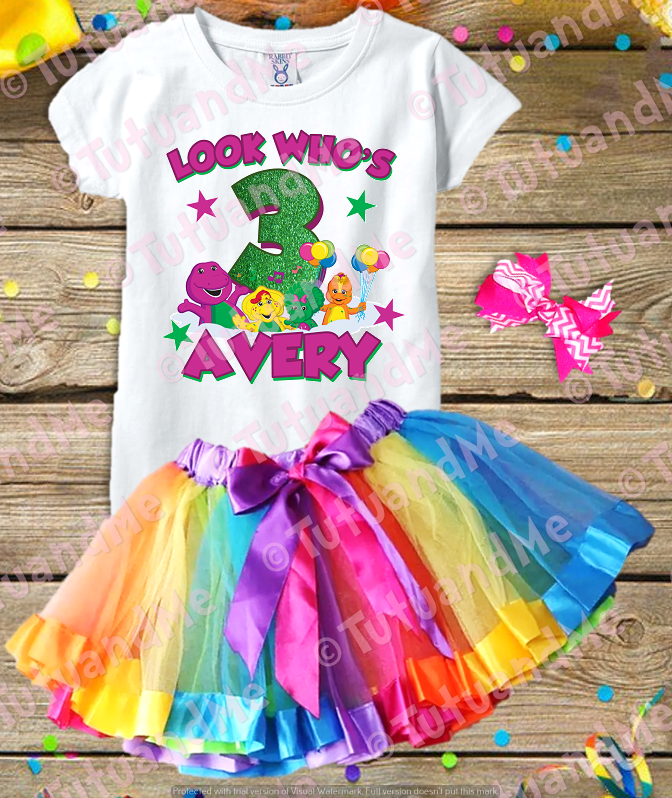Barney Dinosaur Birthday Rainbow Tutu Outfit Dress - Hairbow, Shirt and ...