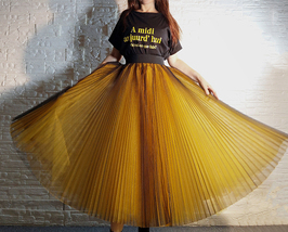 Women A Line Midi Tulle Skirt Outfit Black Yellow High Waist Full Pleated Outfit image 4