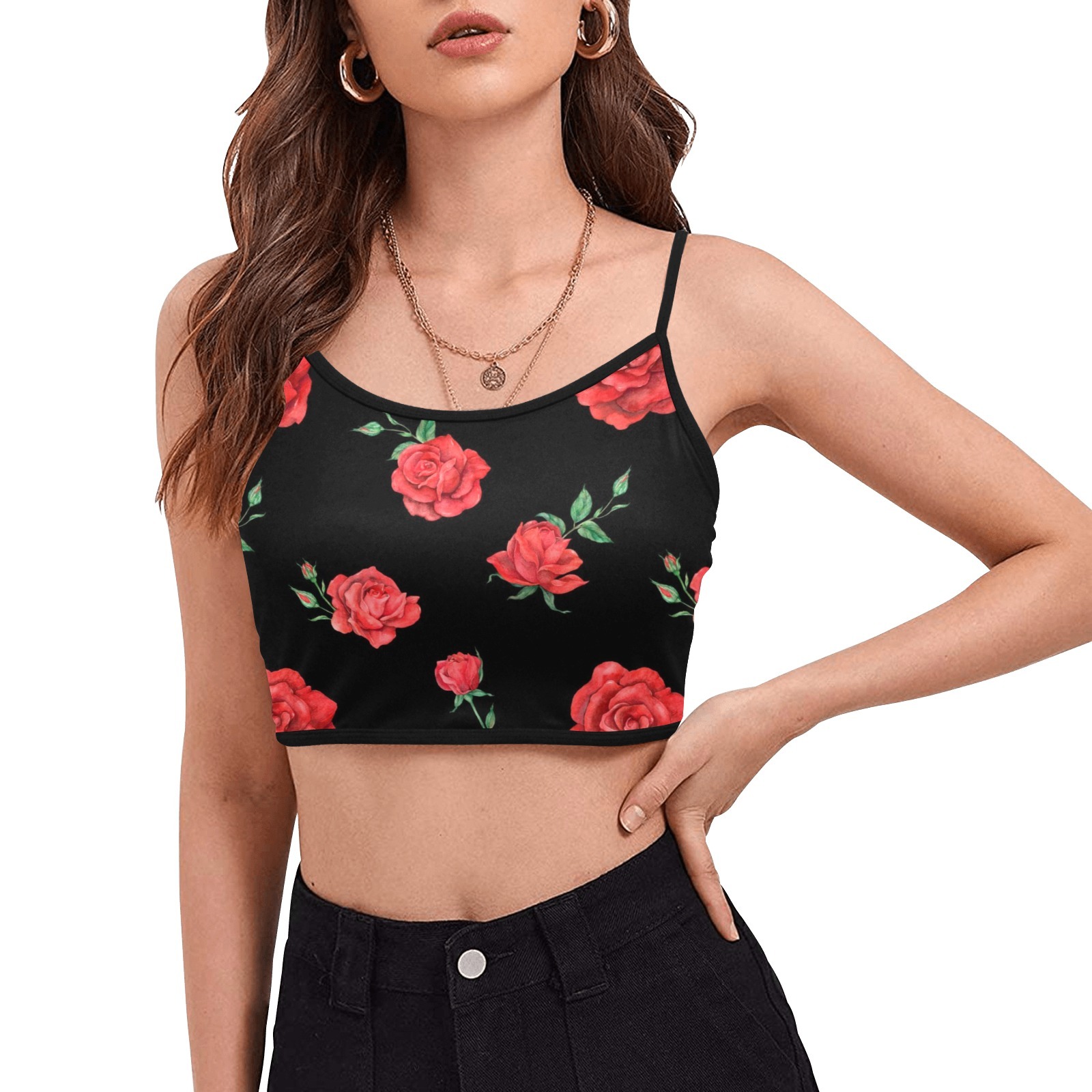 Women's Red Roses Flower Floral Spaghetti Strap Crop Top Camisole Camis Tanks