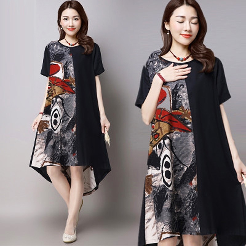 Women Linen Irregular Oversize Loose Splice Casual Chinese Retro Midi Long Dress