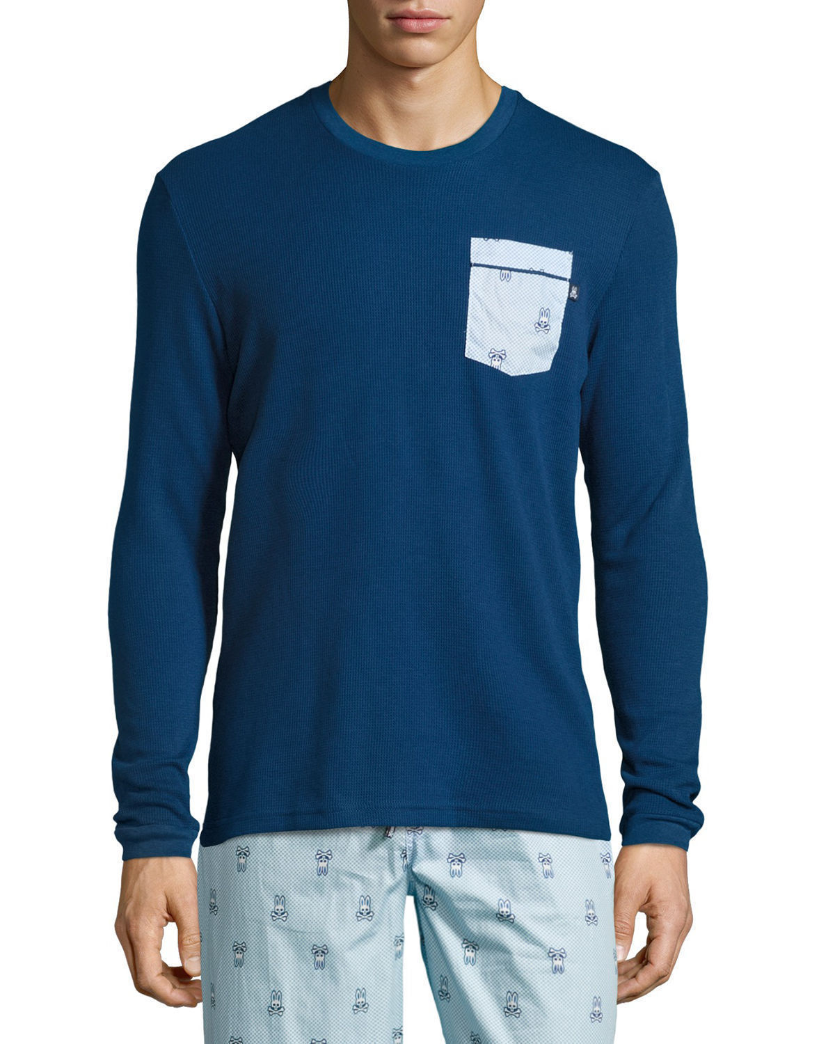 Image of Psycho Bunny Mens Long-Sleeve Royal Blue Waffle-Knit Lounge Pocket Shirt, Medium