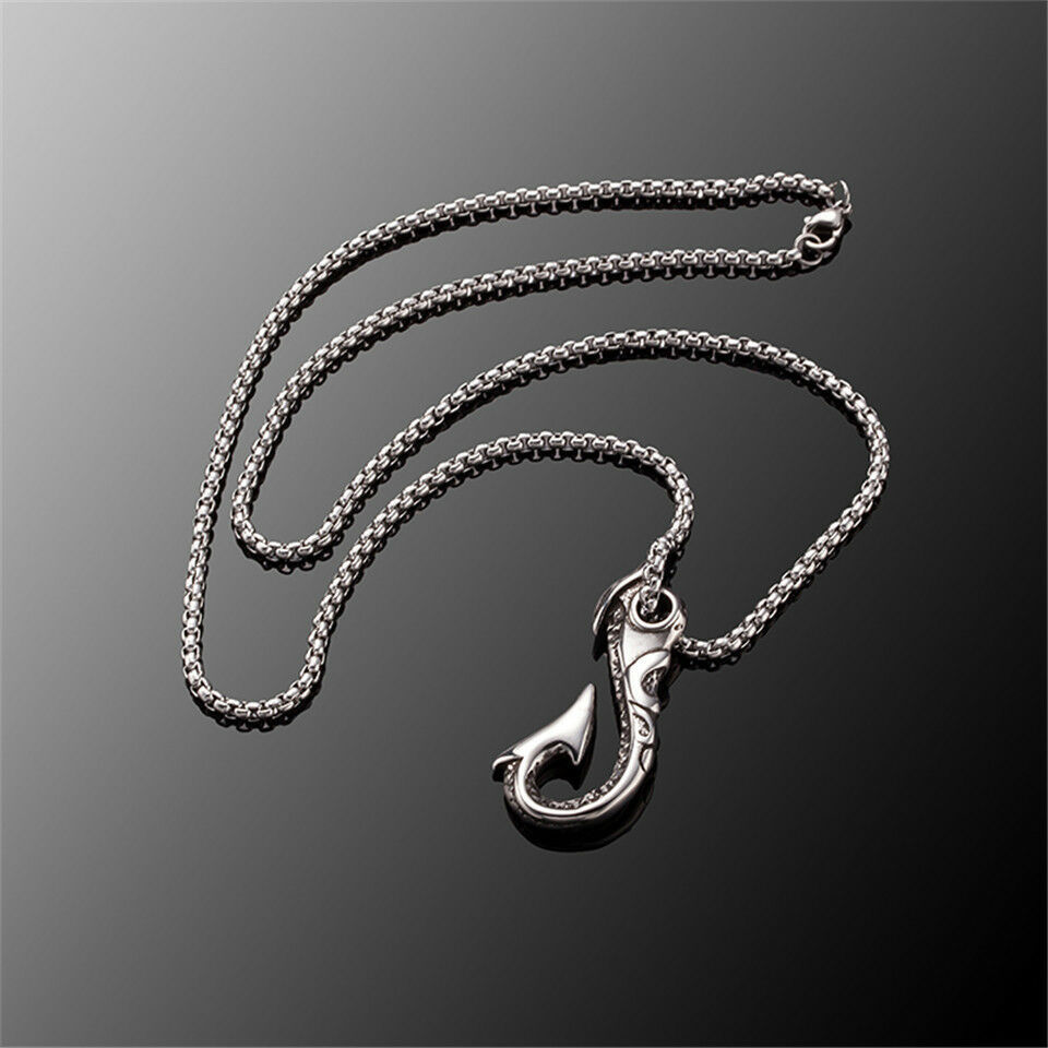 Stainless Steel 316L Silver Fisherman Fishing Fish Hook Pendant Chain