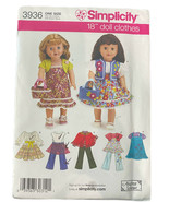 Simplicity #3936  18&quot; DOLL WARDROBE  CLOTHES Sewing Pattern UNCUT - $6.80