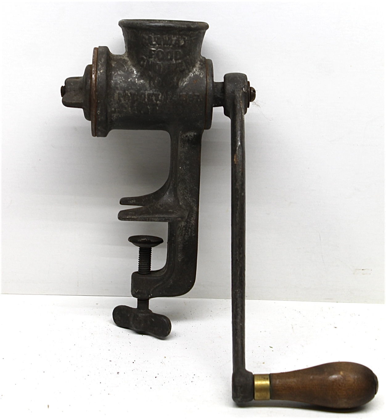 2 Vintage Meat Grinders Hand Crank w/ Wood Handle Russwin No.1 + Climax