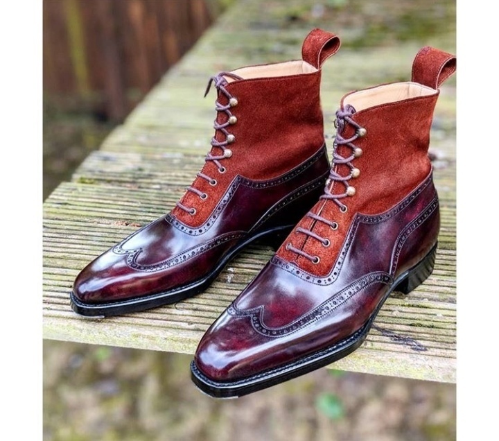 New Handmade Men's Brogue Ankle High Boot, Men's Burgundy Black Leather & Suede