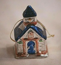 Ceramic Christmas Village Tree Ornament Blue Church Metallic Glaze Town Building - $12.86