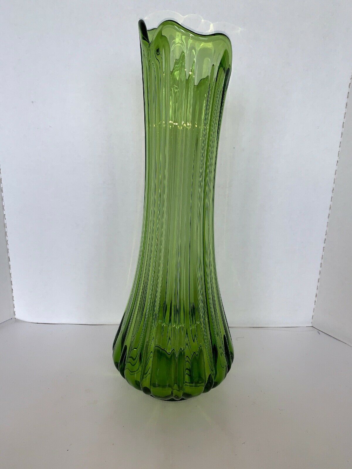 Vintage Large Peacock Avocado Green 19" Stretch Ribbed Art Glass Vase