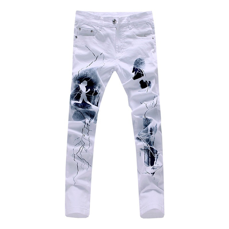 New  Men`s Printed Jeans Punk Style Gothic Painted Cotton Straight Leg Cool Jea