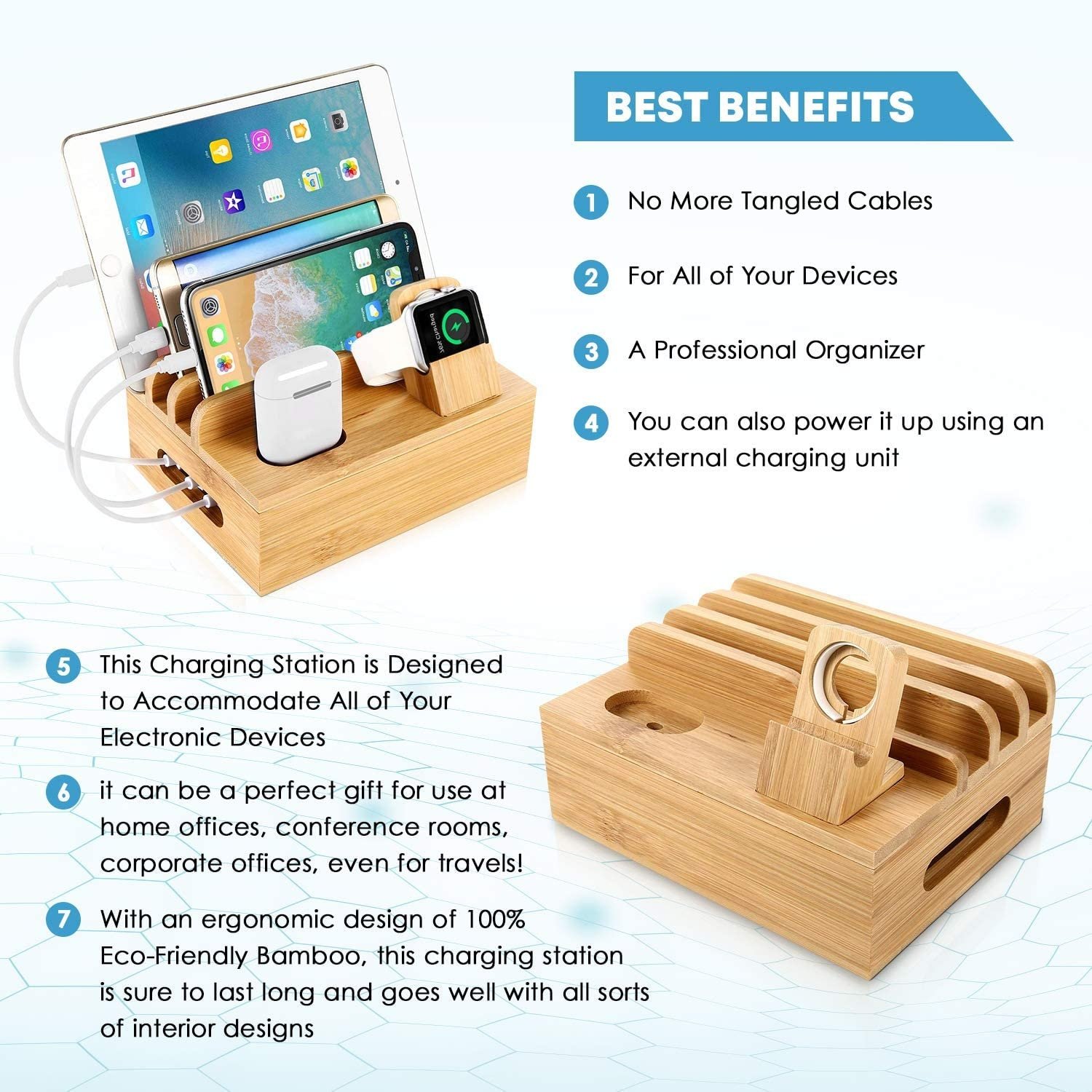Multi device charging station & wood organizer, docking station for