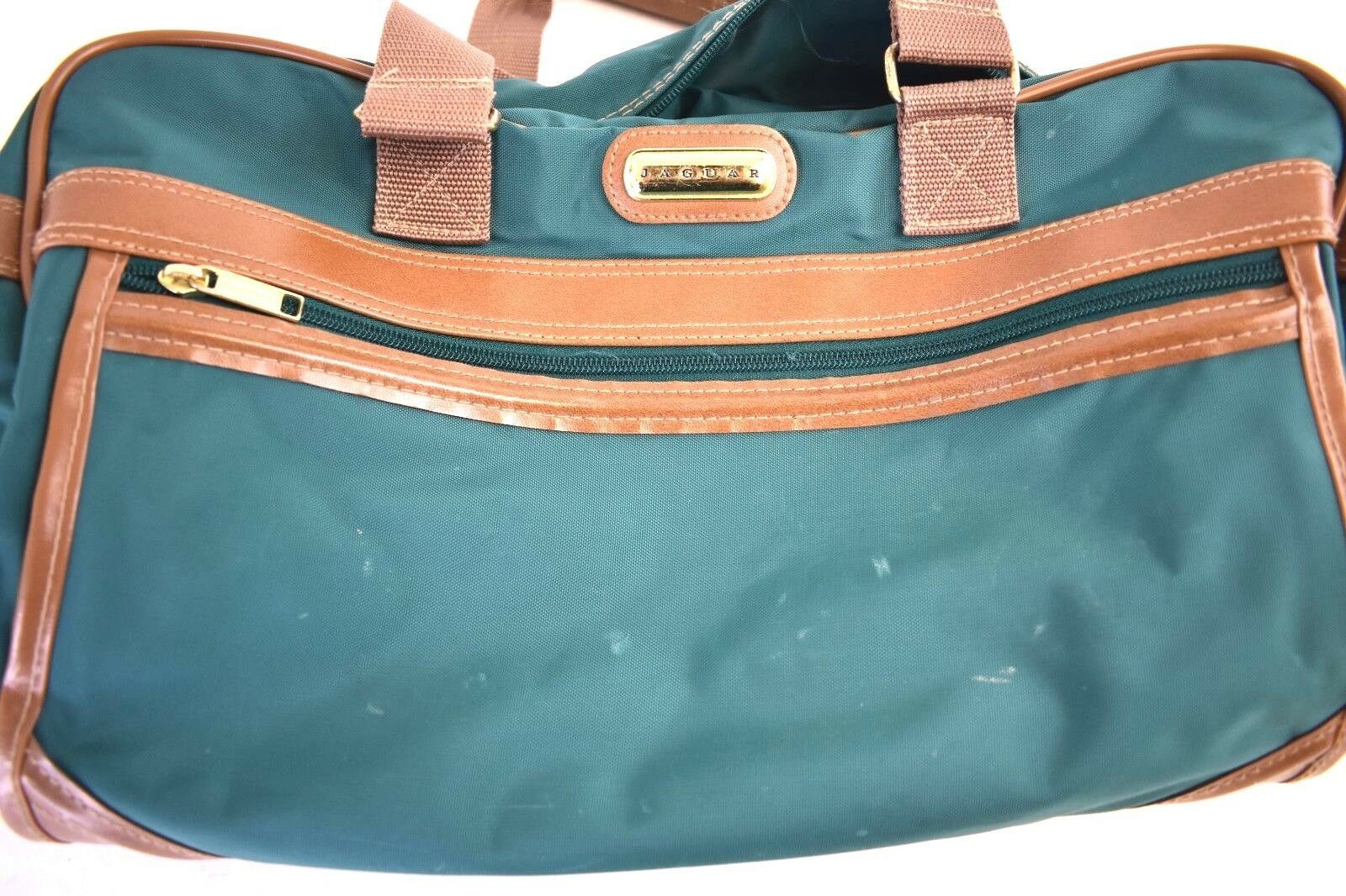 Vintage Jaguar CarryOn Luggage Tote Briefcase Travel Bag Green Tan