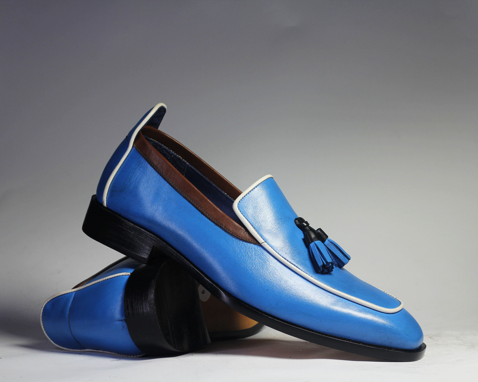 Handmade Men's Blue Leather Tassel Loafer Shoes, Men Designer Fashion Dress Shoe