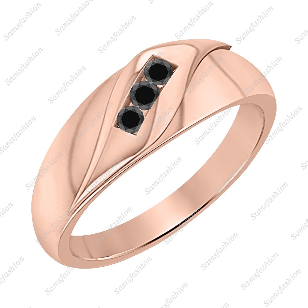 Round Cut Black Diamond 14k Rose Gold Over 925 Sterling Silver 3 Stone Mens Ring