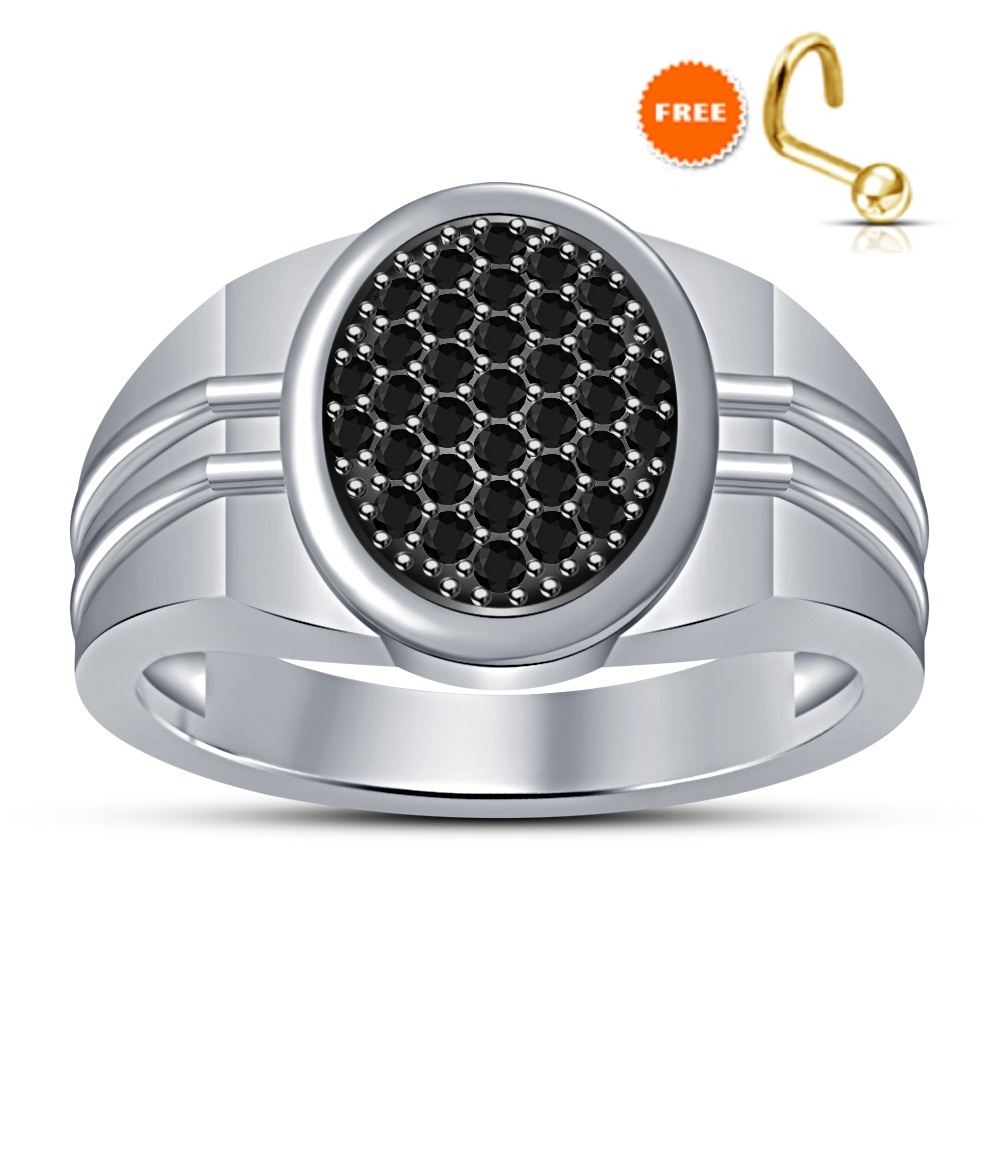 Black Diamond Pinky Ring Men's 14k White Gold Finish Oval Shape Wedding