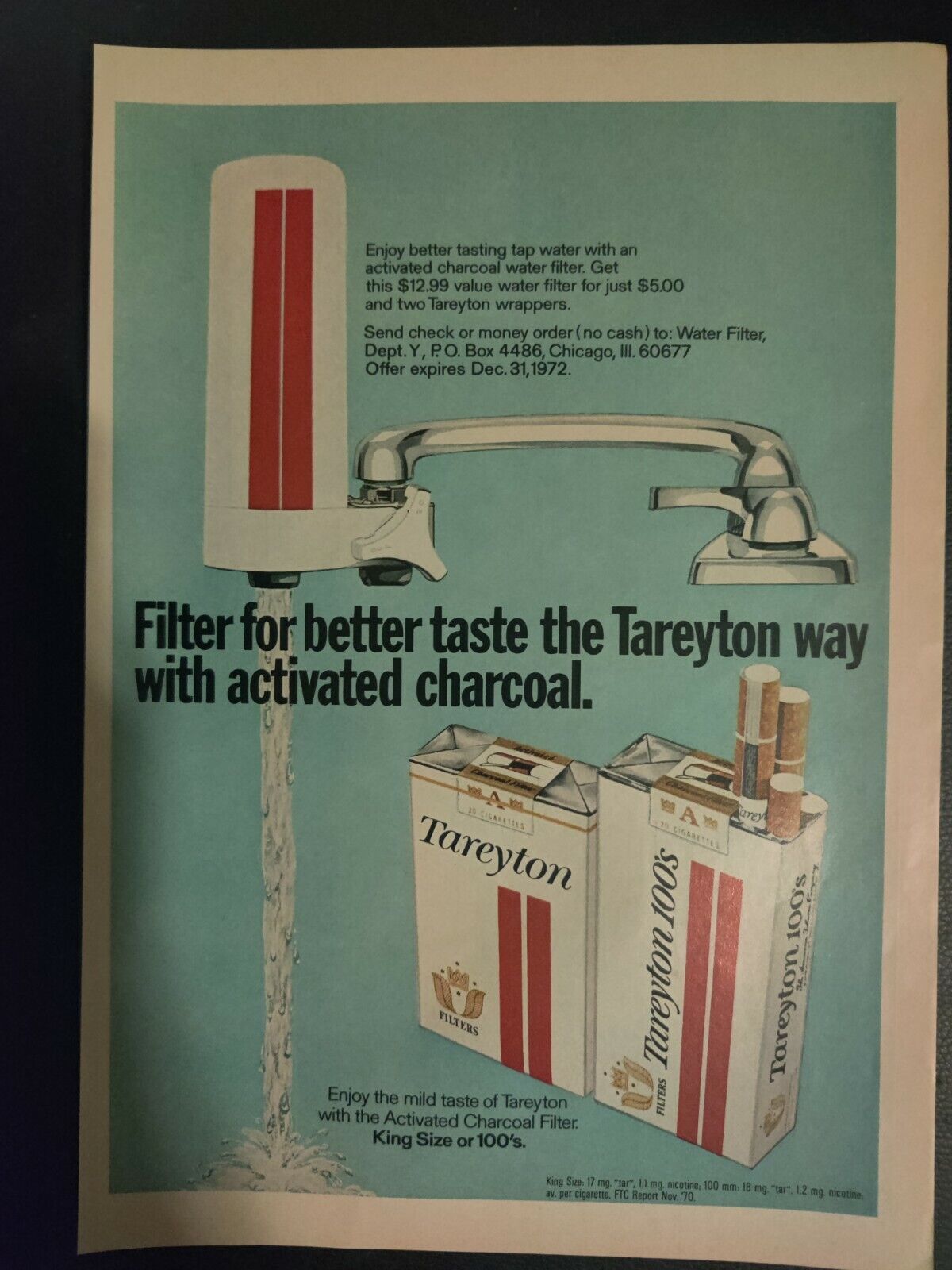Tareyton Cigarettes Ad 1971 100s Water Filter Vintage Magazine Print Other