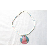 WHITE PUKA SHELL WITH PINK AND BLUE COLORS AND ROUND PENDANT 15 INCH NEC... - $6.99