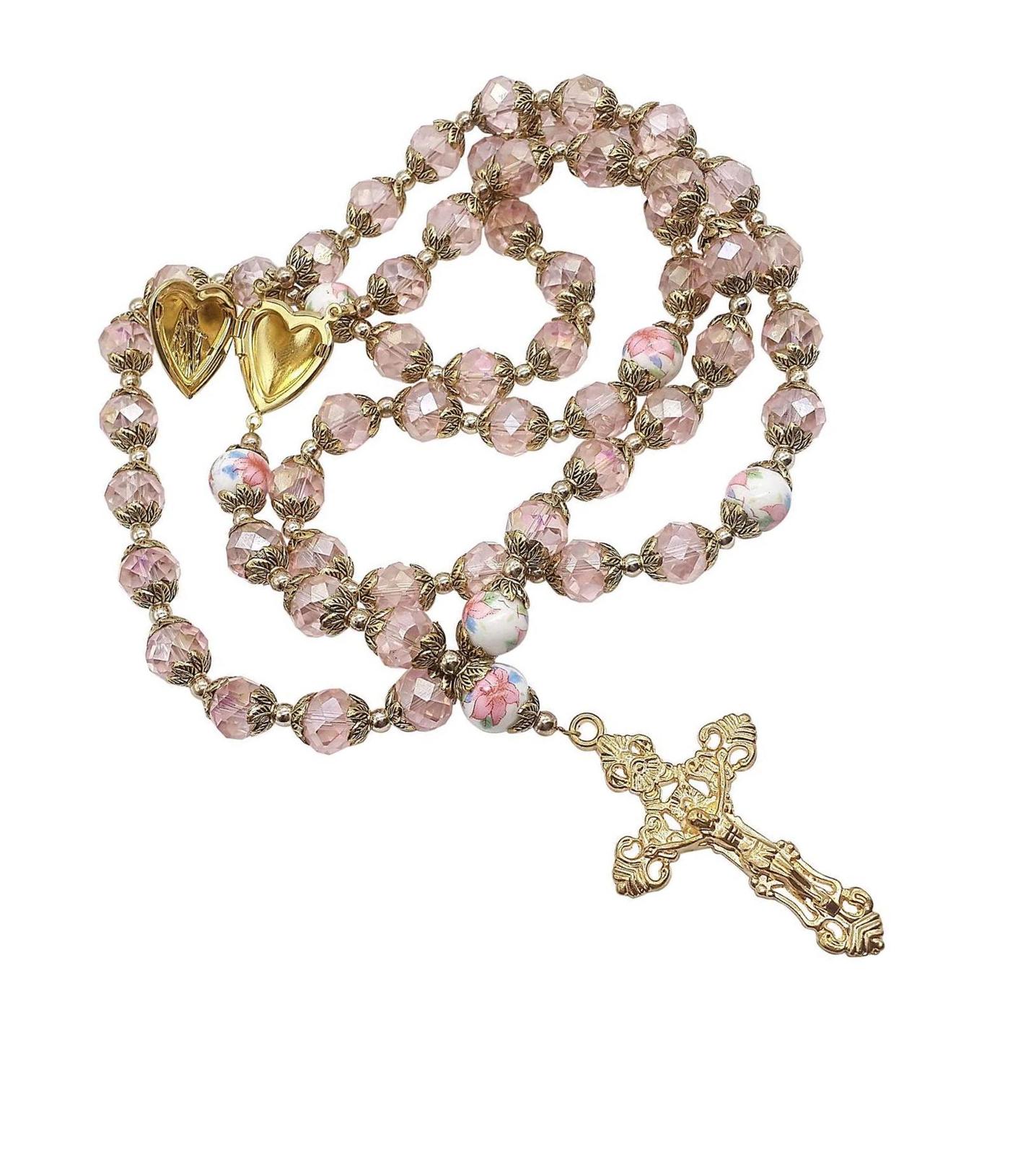 Store Catholic Pink Crystal Beads Gold Rosary Holy - Rosaries