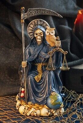 Seated Blue Santa Muerte With Scythe Scales of Justice And Wise Owl ...