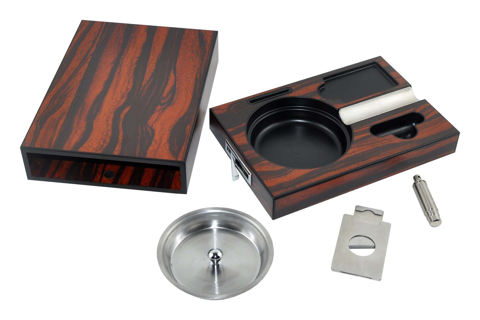 Travel Cigar Ashtray, Stainless Steel Basin, Punch, Cutter, Rest, Smoking Recept Ashtrays