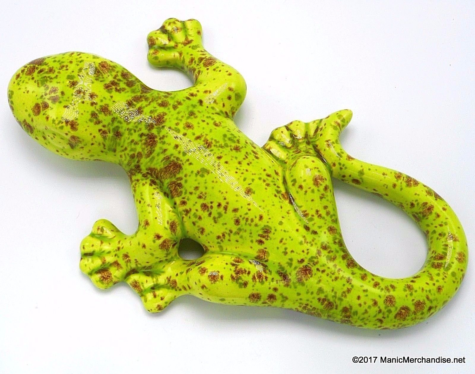 Ceramic Gecko Lizard Wall Garden Indoor Outdoor Decor Green Brown Spots
