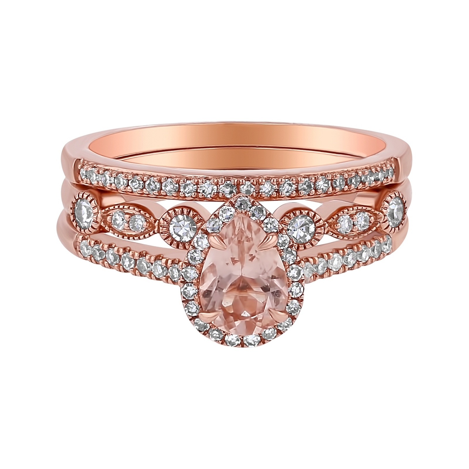 14k Rose Gold Over Silver Pear Morganite & Diamond Halo 3 Pcs Ring Wedding Set