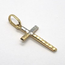 18K YELLOW WHITE GOLD MINI TUBE FINELY HAMMERED CROSS, TWO FACES, MADE IN ITALY image 2