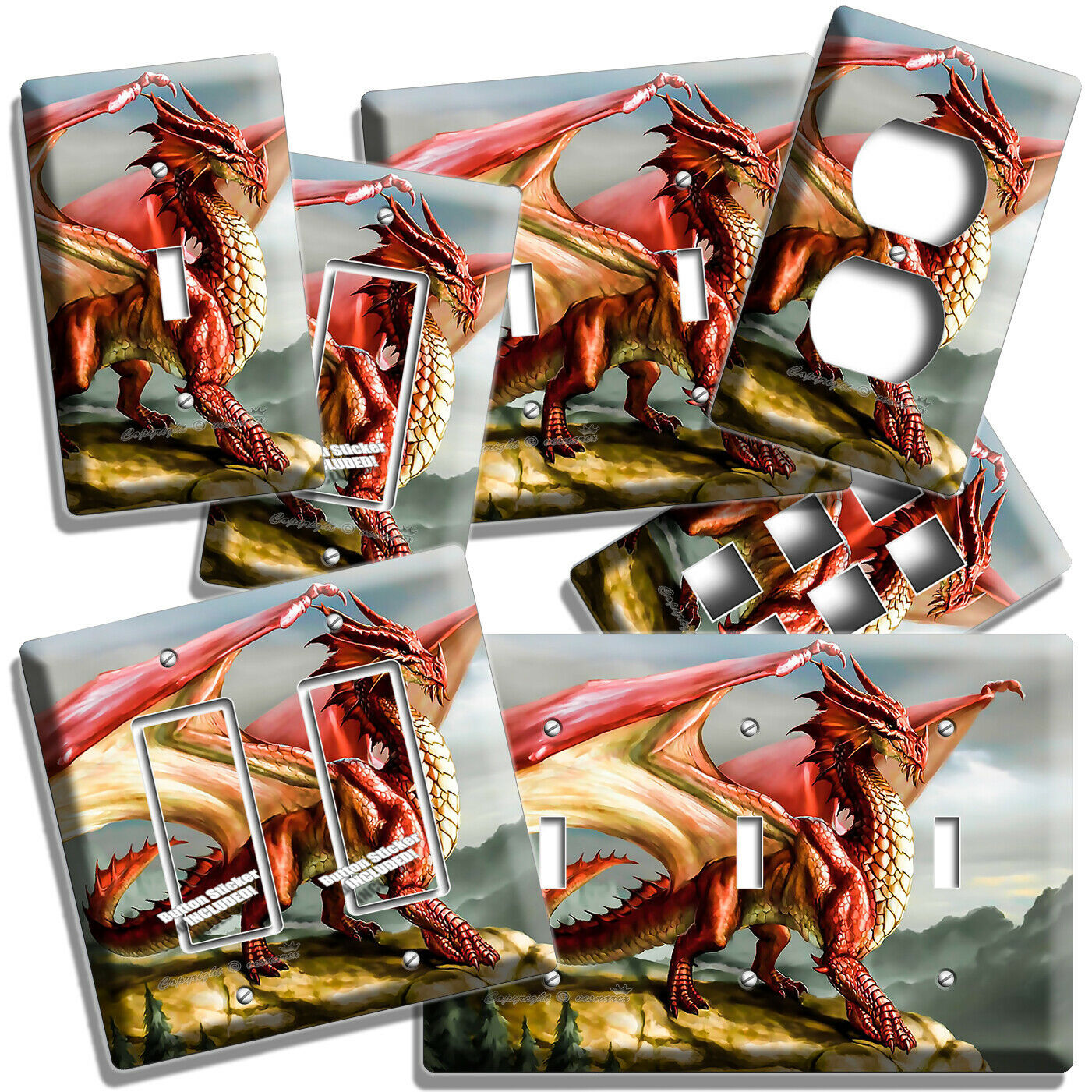 MYTHICAL RED DRAGON ON THE ROCK LIGHT SWITCH OUTLET WALL PLATES ROOM HOME DECOR