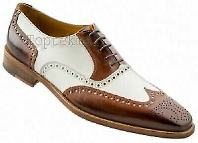 Handmade Men's Leather Oxfords Wing Tip Brogue White Brown Spectator Shoes-248