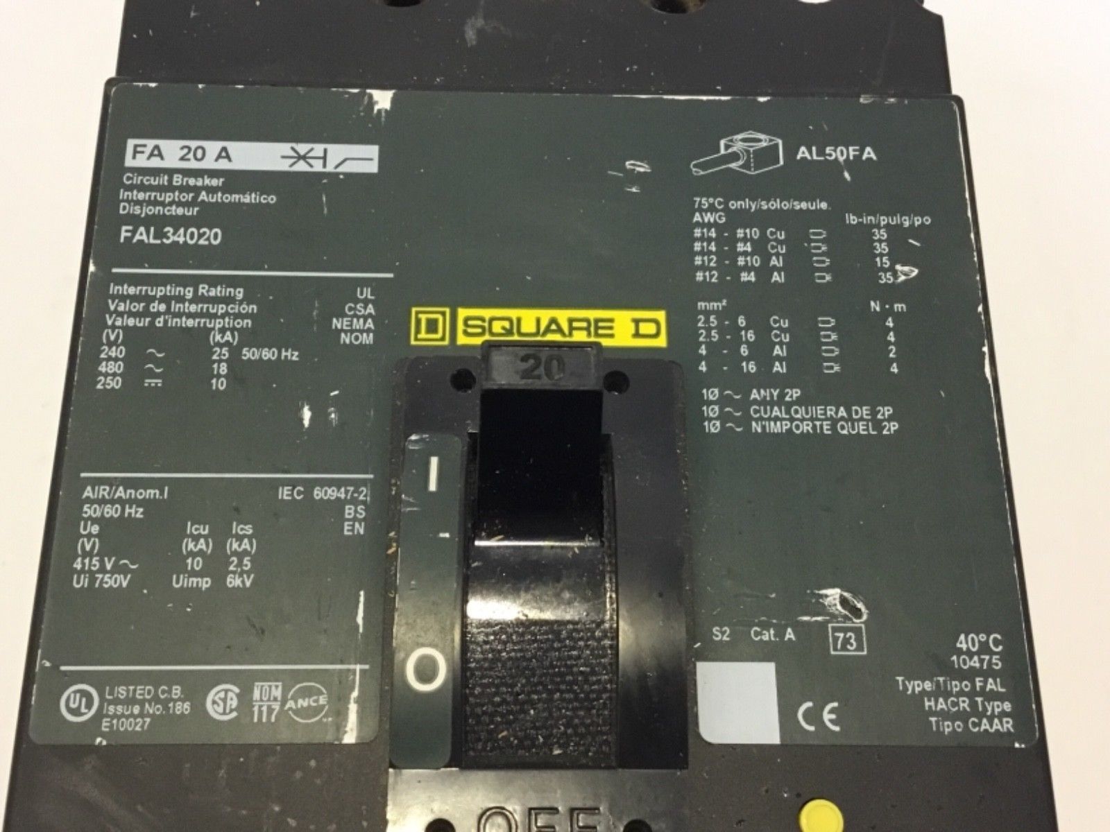 SQUARE D 60Amp 2Pole AI-E FRAME CIRCUIT BREAKER USED