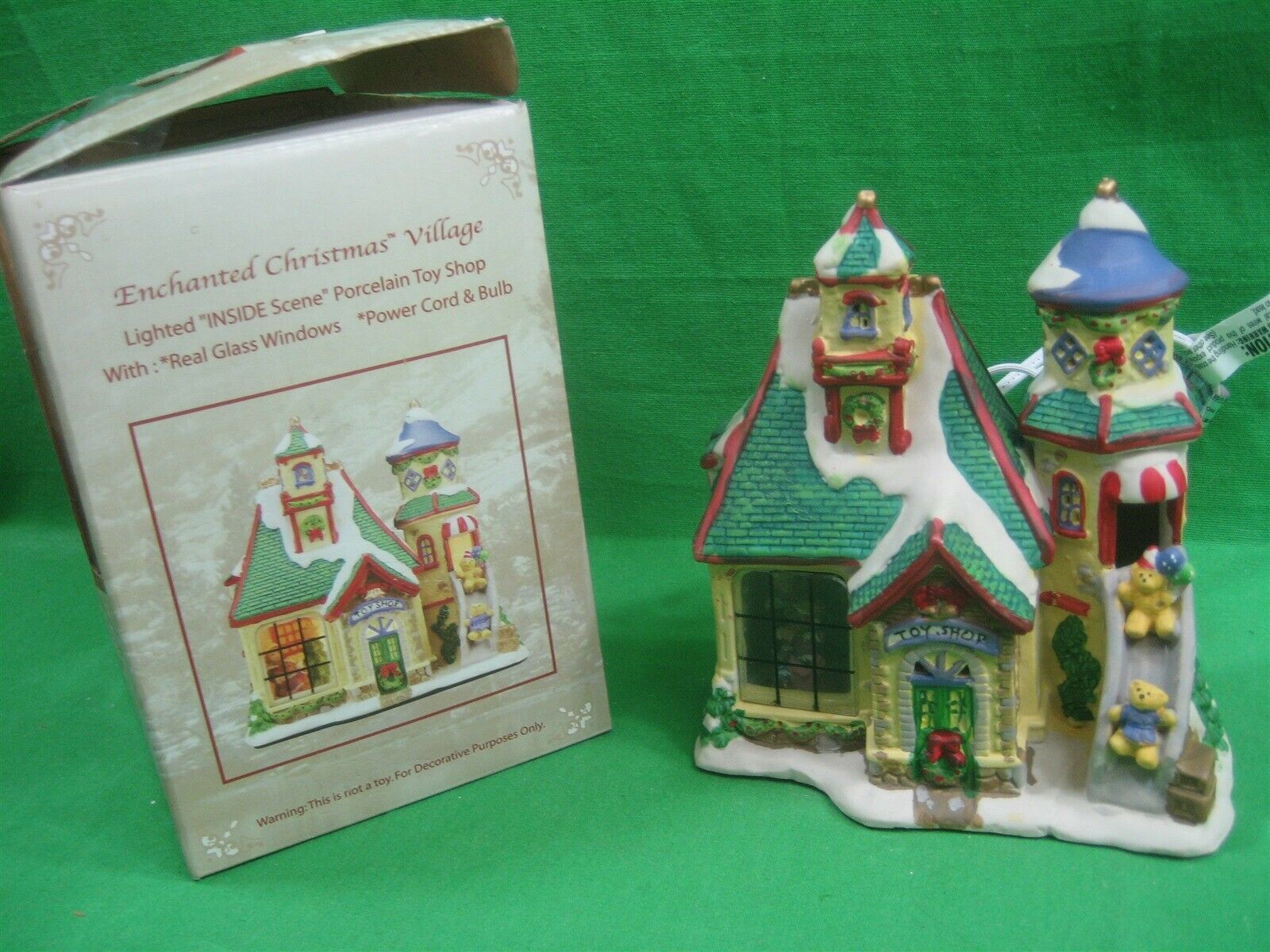 Enchanted Christmas Village Toy Shop Lighted Real Glass Window